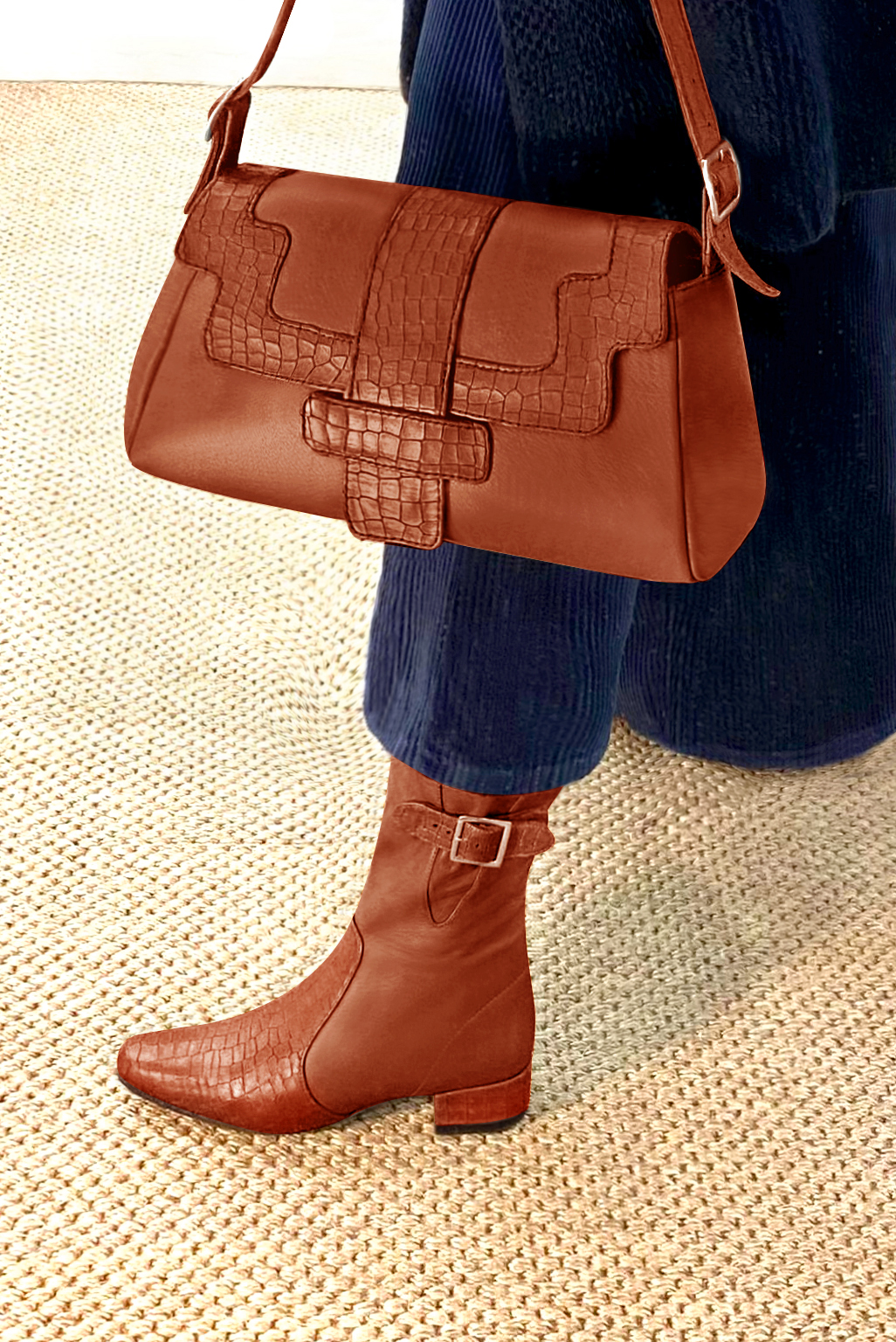 Terracotta orange women's dress handbag, matching pumps and belts. Worn view - Florence KOOIJMAN